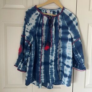 Chico’s | Tie Dye boho peasant tunic. Embroidered. Festival Hippie. Size 12/14.